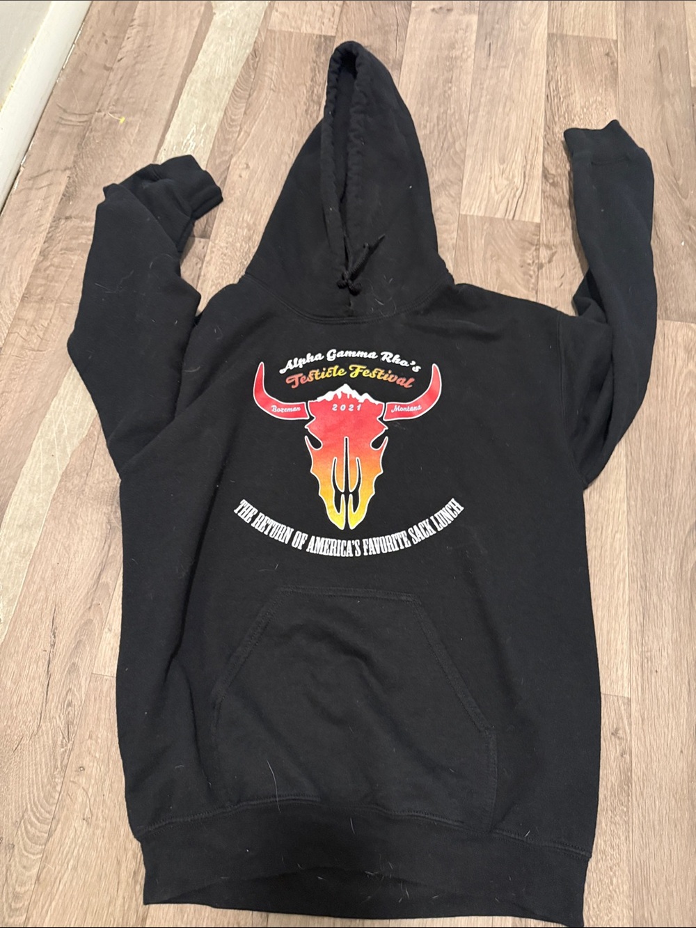 Original Use Black Hoodie with Red and Yellow Bull Skull Graphic